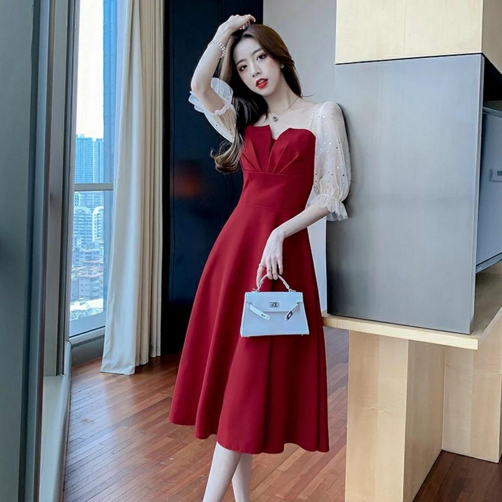 Đầm xoè tiểu thư xếp ly ngực phối tay lưới kim sa