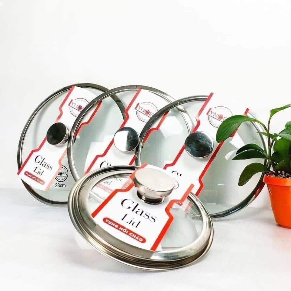 Nắp vung nồi chảo kính cường lực viền inox Lyncen xuất Nhật size 16/18/20/22/24/26/28/30cm