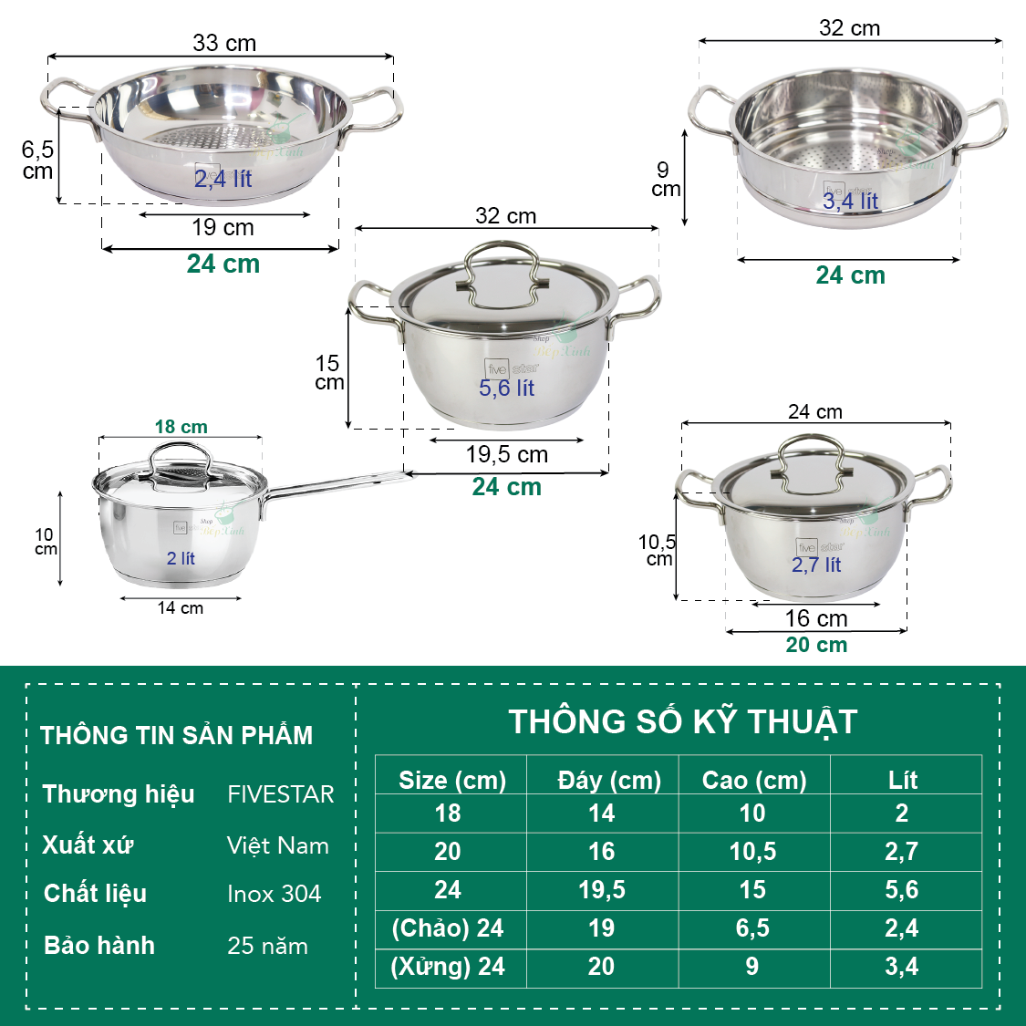 Bộ nồi inox FIVESTAR 5 chiếc 3 đáy bếp từ nắp inox