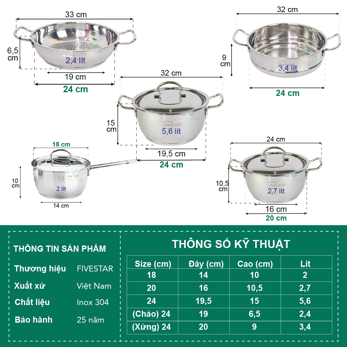 Bộ nồi inox FIVESTAR 5 chiếc 3 đáy bếp từ nắp inox ( tặng 2 vá canh )