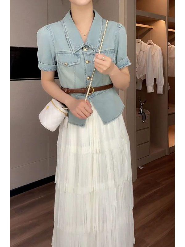 SHUANGYAN Trang phục giảm tuổi thanh lịch 2023 Áo denim ngắn mùa hè+váy nửa người màu