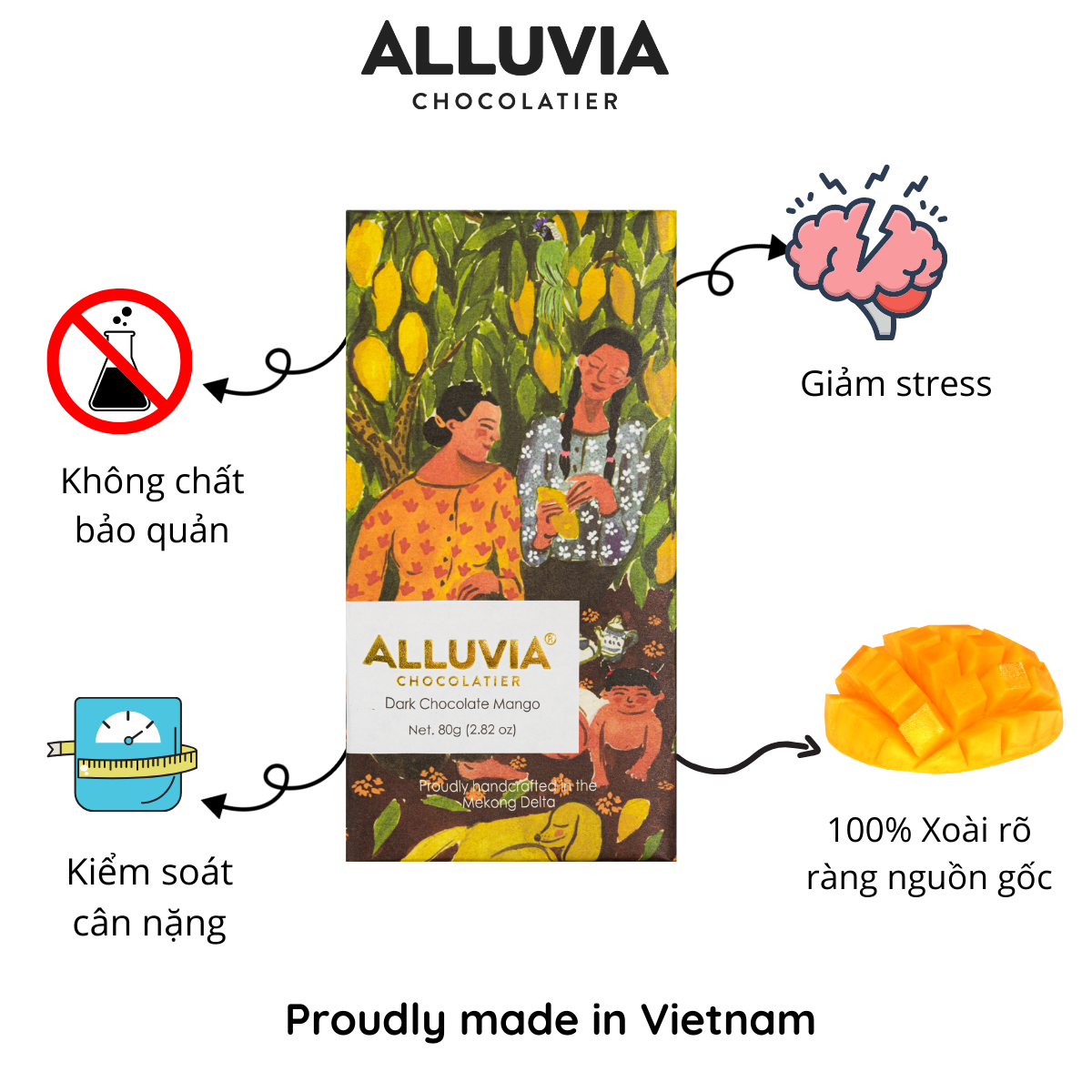 Socola Đen Xoài Thanh Lớn 80 gram, Nguyên Chất, Đắng Vừa | Dark Chocolate Mango Alluvia