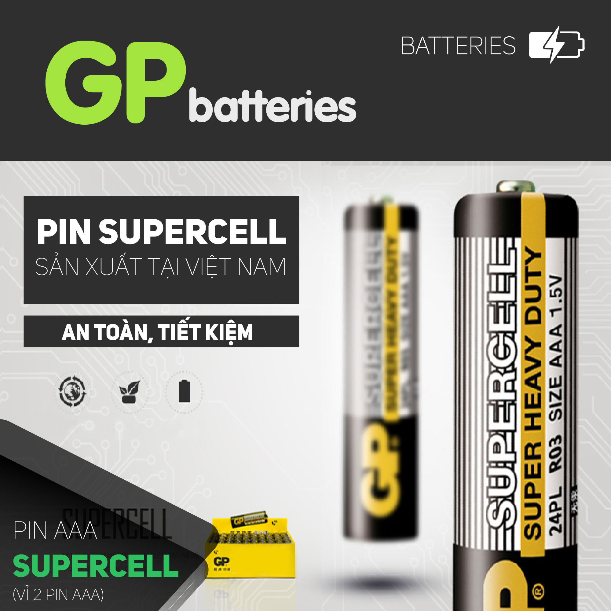 Pin đũa GP Supercell AAA 1.5V (2 viên),Pin AAA GP,Pin chuột máy tính,Pin điều hoà,Pin điều khiển quạt,Pin điều khiển tivi,Pin sử dụng cho các thiết bị nhỏ,Pin đồng hồ treo tường,Pin đồ chơi điện tử trẻ em