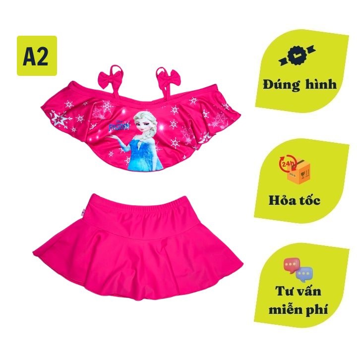 Đồ bơi hai mảnh cho bé gái hình Elsa từ 10-39kg -quần giả váy tạo kín đáo - Áo 2 dây kẹp nơ chân váy