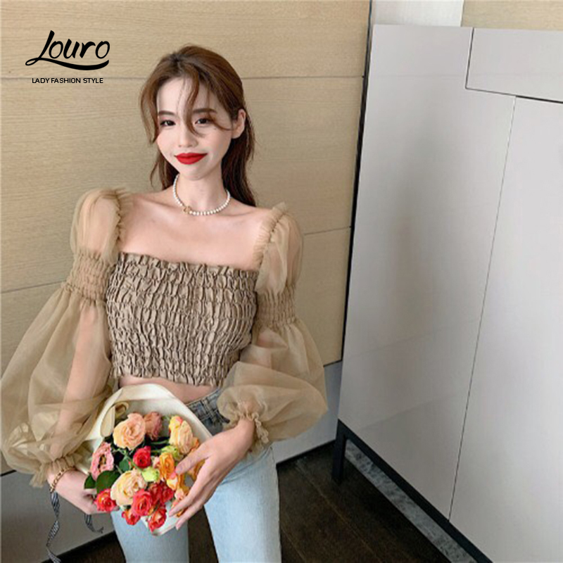 Áo bánh bèo Louro L004, mẫu áo kiểu nữ cổ vuông kết hợp tay bồng điệu đà nữ tính