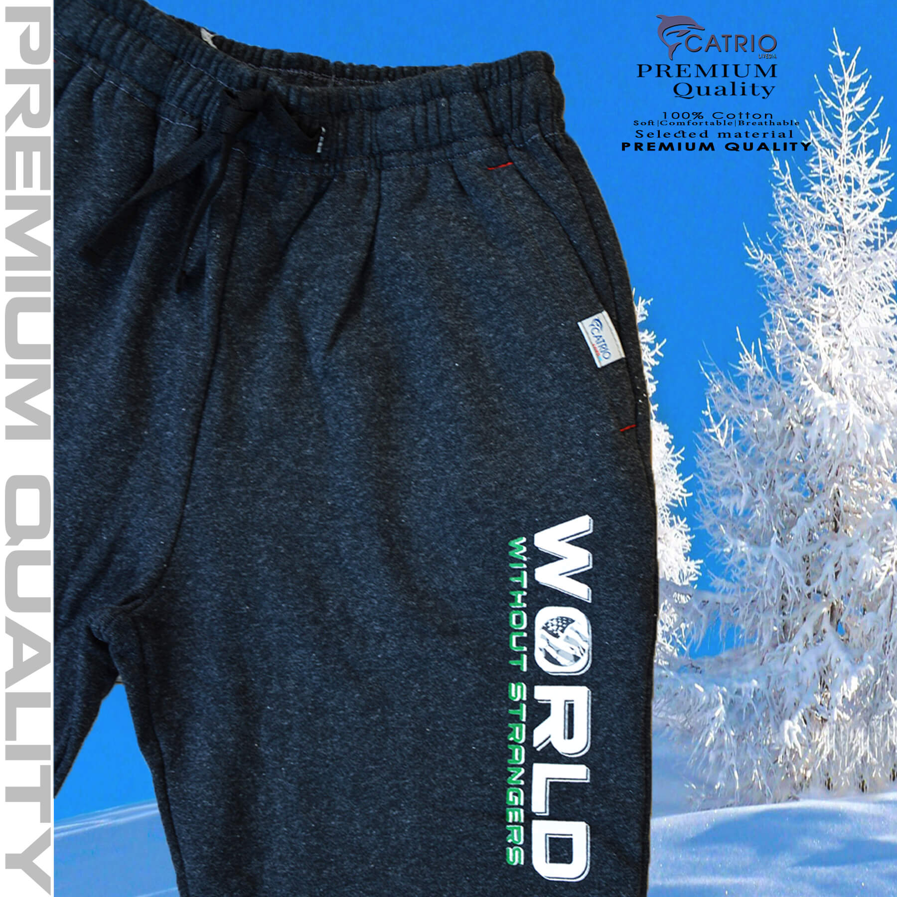 Quần dài bé trai vải 100% cotton in WORLD màu LÔNG CHUỘT là quần nỉ trẻ em CATRIO từ 9 tuổi đến 18 tuổi phù hợp thời tiết se lạnh mùa thu đông với kiểu dáng thể thao tuyệt đẹp