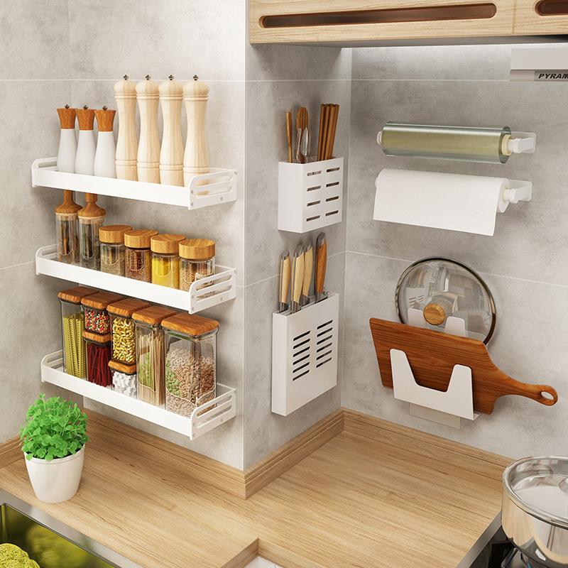Vật Dụng Nhà Bếp Đấm Không Mạnh Treo Tường Mặt Dây Chuyền Có Giá Để Đồ Inox Giá Để Dao Trắng Kệ Gia Vị Giá