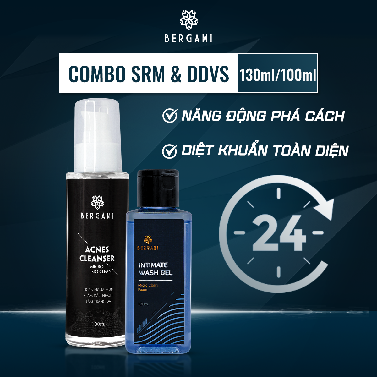 Combo Sữa rửa mặt & Dung dịch vệ sinh nam Bergami 100ml, 130ml