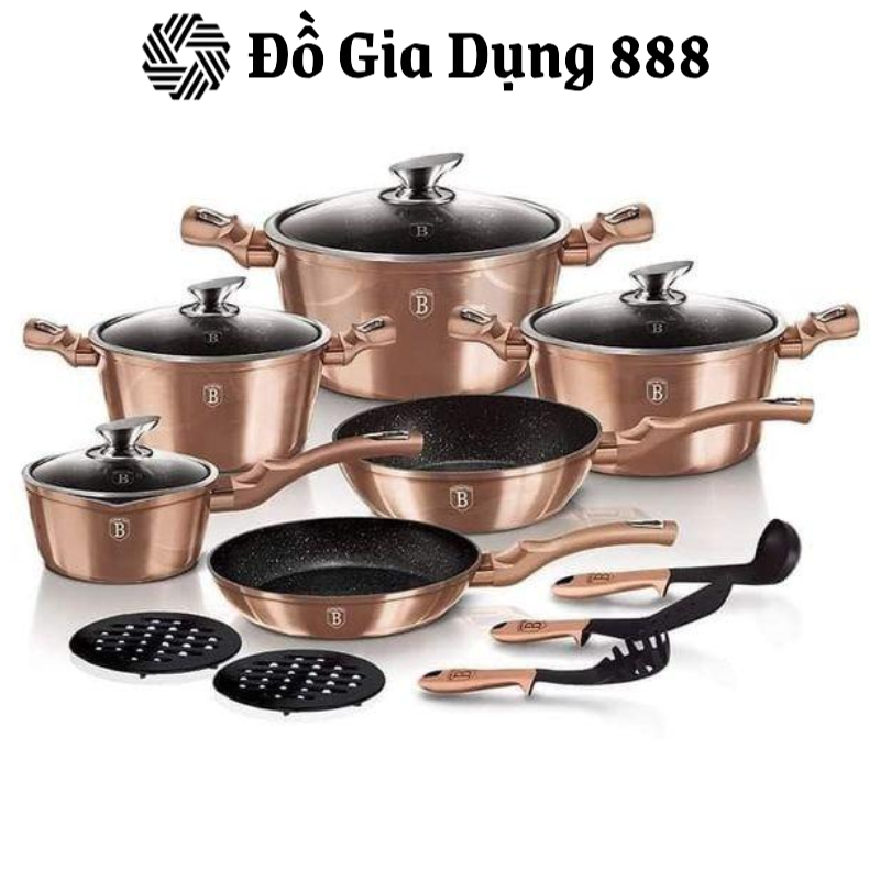Bộ Nồi 15 Chi Tiết BERLINGER HAUS BH/1224N, Dẫn Nhiệt Tốt, Dùng Cho Mọi Loại Bếp, Nhập Đức