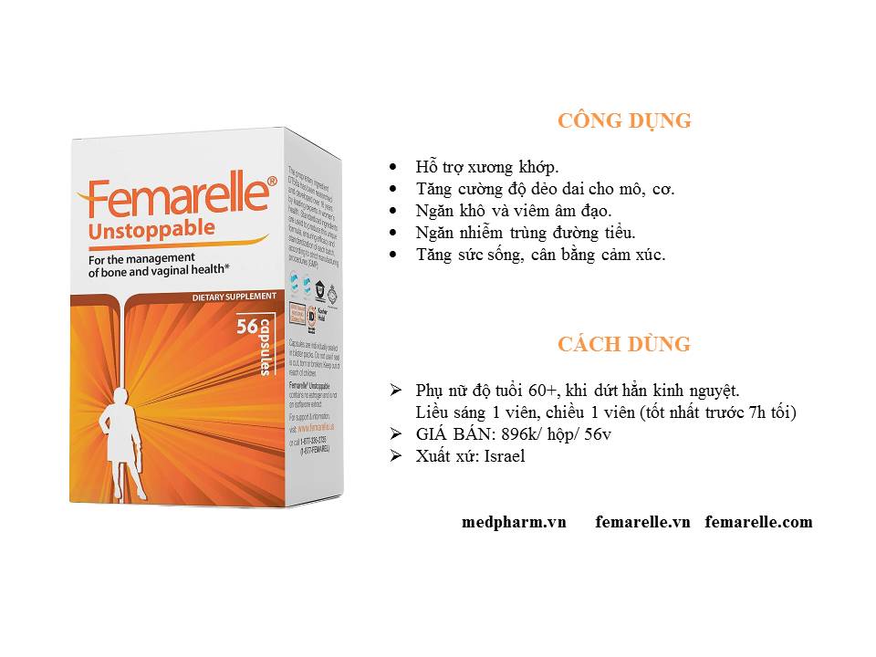 Femarelle Unstoppable - Thực phẩm BVSK dành cho phụ nữ hậu mãn kinh: hỗ trợ xương khớp, tăng dẻo dai cho mô và cơ, cải thiện giấc ngủ....