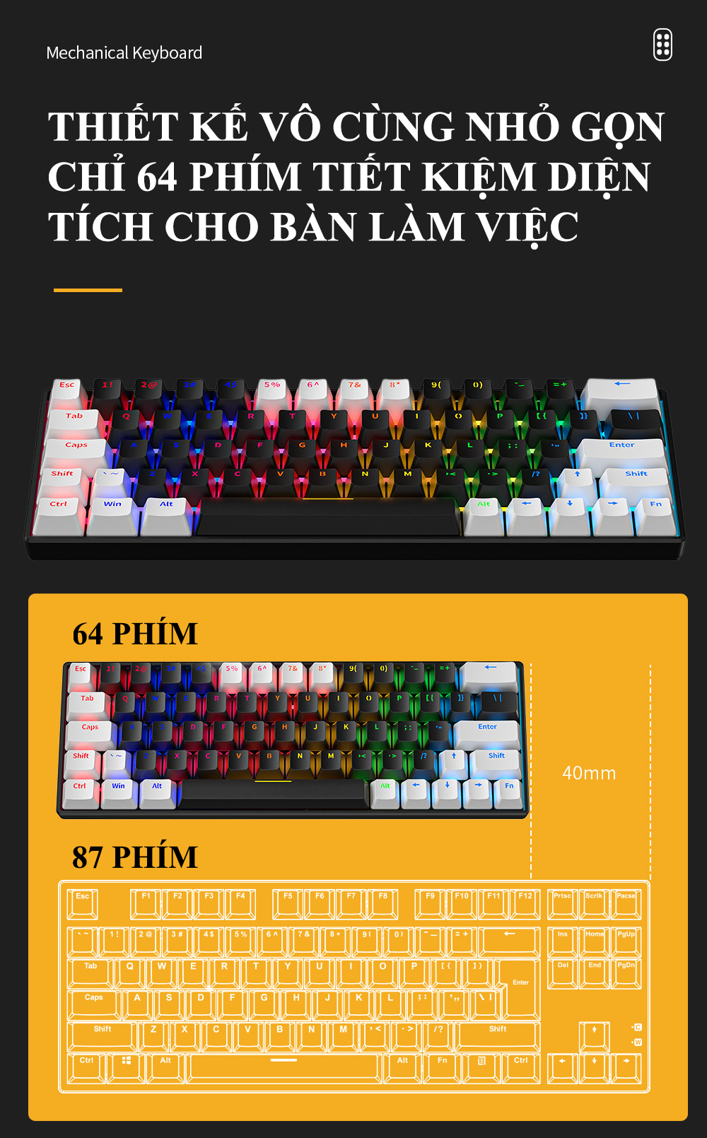 Bàn phím cơ Blue Switch ZIFRIEND KA6406 với thiết kế mini size vô cùng nhỏ gọn kèm theo đèn led RGB - Hàng Chính Hãng