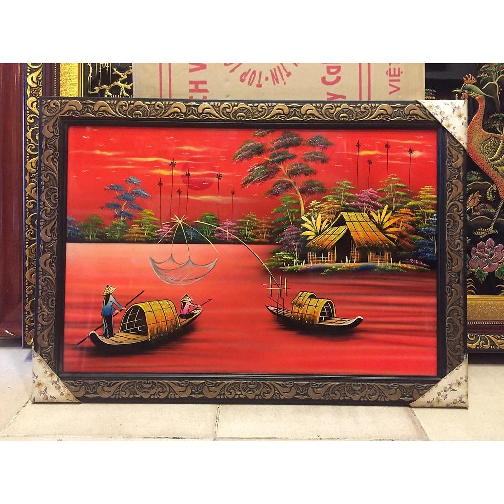 Tranh sơn mài cao cấp Đồng Quê Thanh Bình Lê kèm khung size 48x68 cm treo tường, trang trí nhà cửa, văn phòng, quà tặng