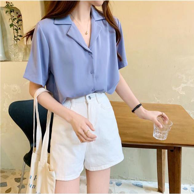 Áo sơ mi tay ngắn cổ vest nữ form rộng đẹp hàn quốc trắng đen kem xanh hồng vintage hàn quốc