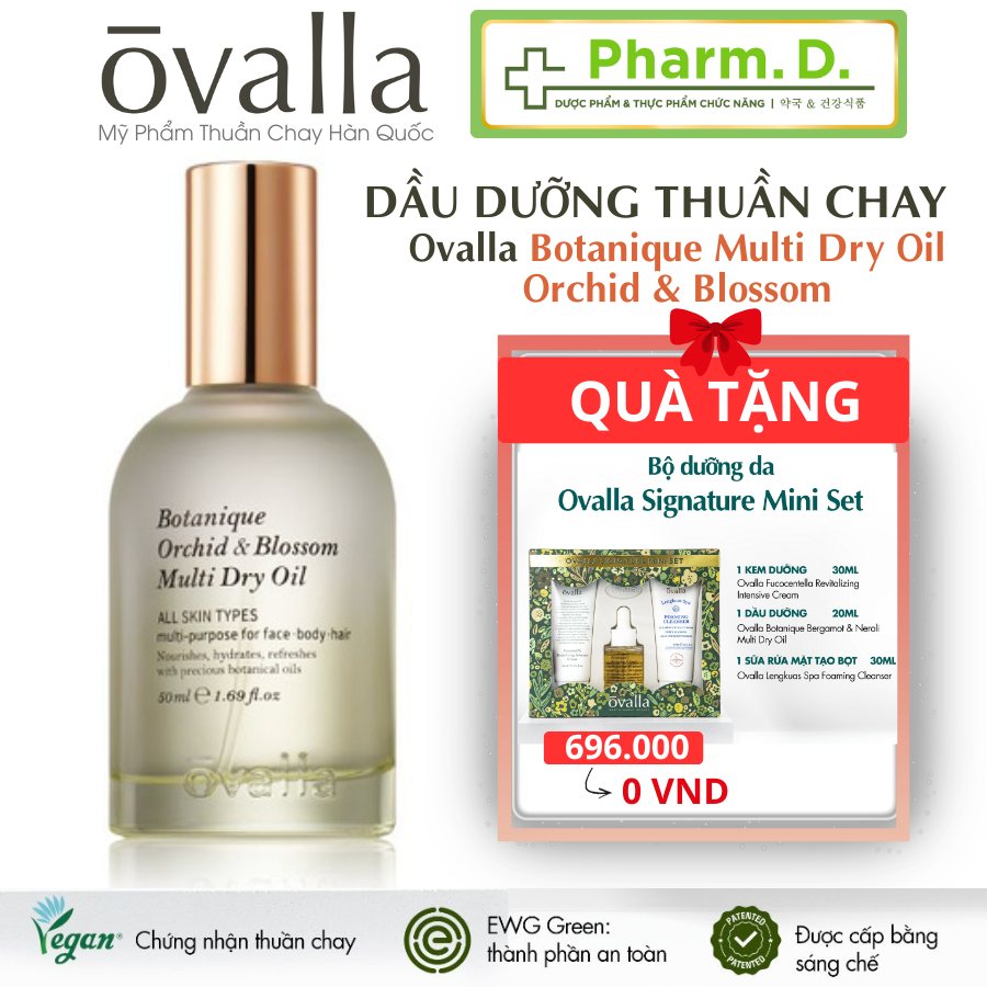 Dầu Dưỡng Khô Đa Năng Thuần Chay OVALLA Botanique Orchid &amp; Blossom Multi Dry Oil 50ml [DATE GẦN] Giúp Giảm Nhăn, Làm Sáng Da Và Chống Lão Hóa, Sử Dụng Cho Da Tóc Móng 50ml Làm Đẹp Da Dưỡng Ẩm Da