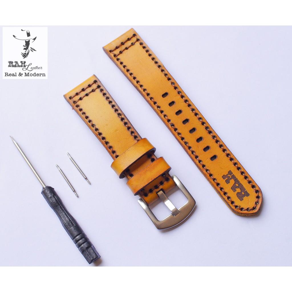 Dây đồng hồ da bò vegtan thảo mộc RAM Leather Pilot màu vàng - tặng khóa chốt và cây thay dây