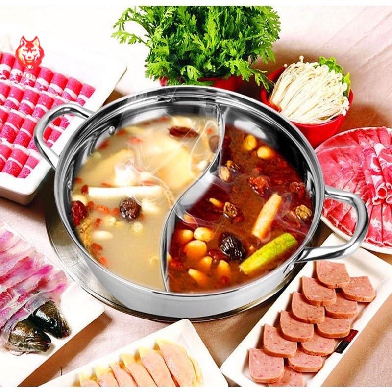 Nồi Lẩu Hai Ngăn Inox Nấu Được Bếp Từ Có Nắp Kính