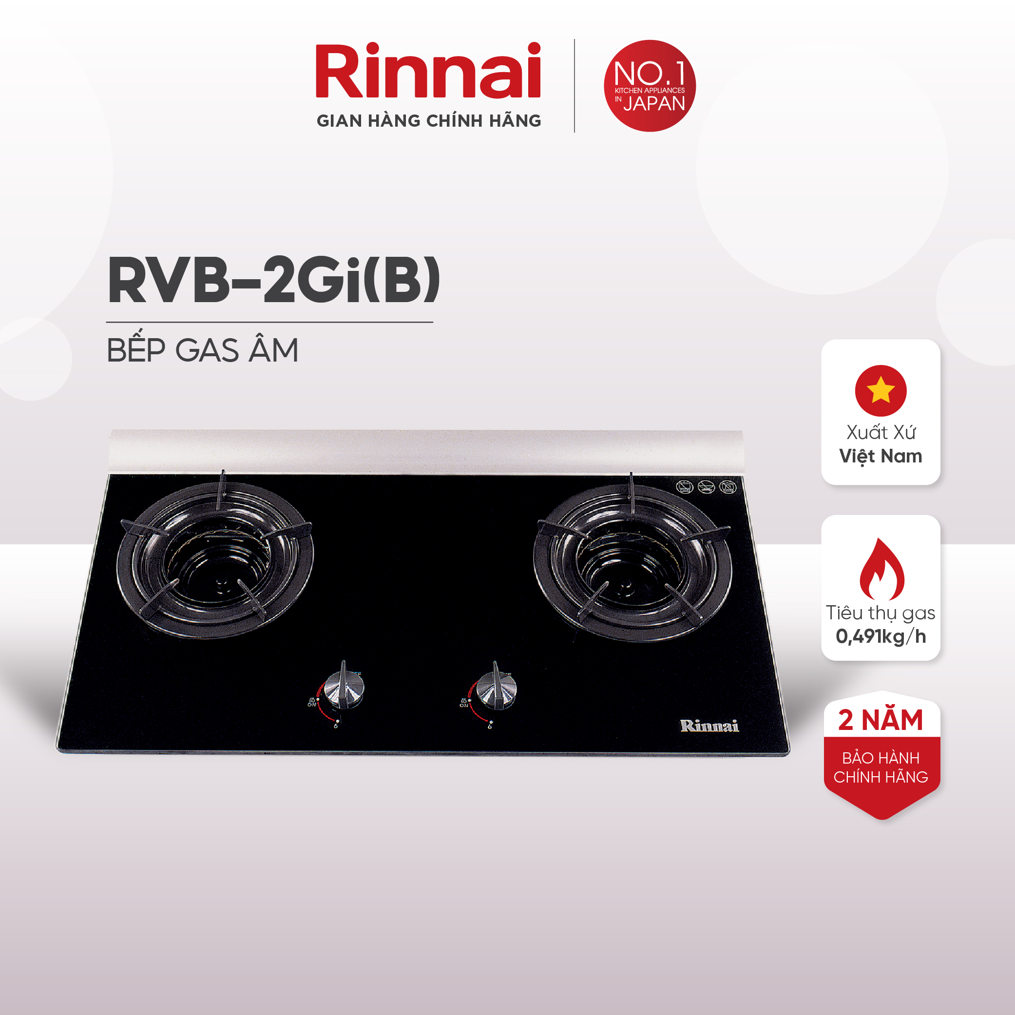 Bếp gas âm đầu đốt trong Rinnai RVB-2Gi mặt bếp kính và kiềng bếp men - Hàng chính hãng