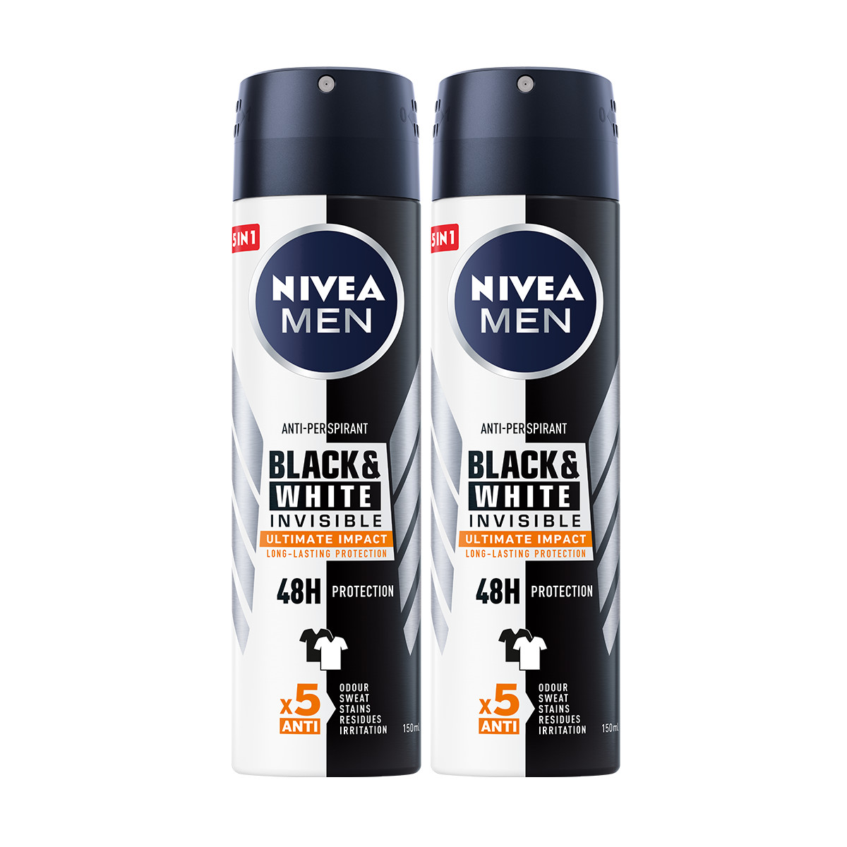 Combo 2 Xịt Ngăn Mùi NIVEA MEN Black &amp; White Ngăn Vệt Ố Vàng Vượt Trội 5in1 (150ml) - 85388