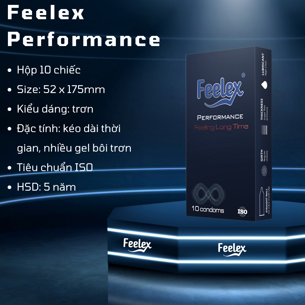 Bao cao su Feelex Performance Premium siêu mỏng, kéo dài thời gian quan hệ, hộp 10bcs