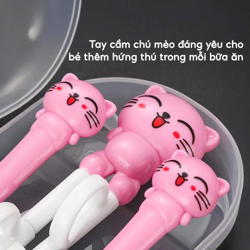 Bộ Ăn Dặm Cho Bé 3 Món, Đũa Xỏ Ngón + Thìa + Dĩa, Dễ Cầm Chống Rơi, An Toàn, Màu Xanh/Hồng - HÀNG CHÍNH HÃNG MINIIN