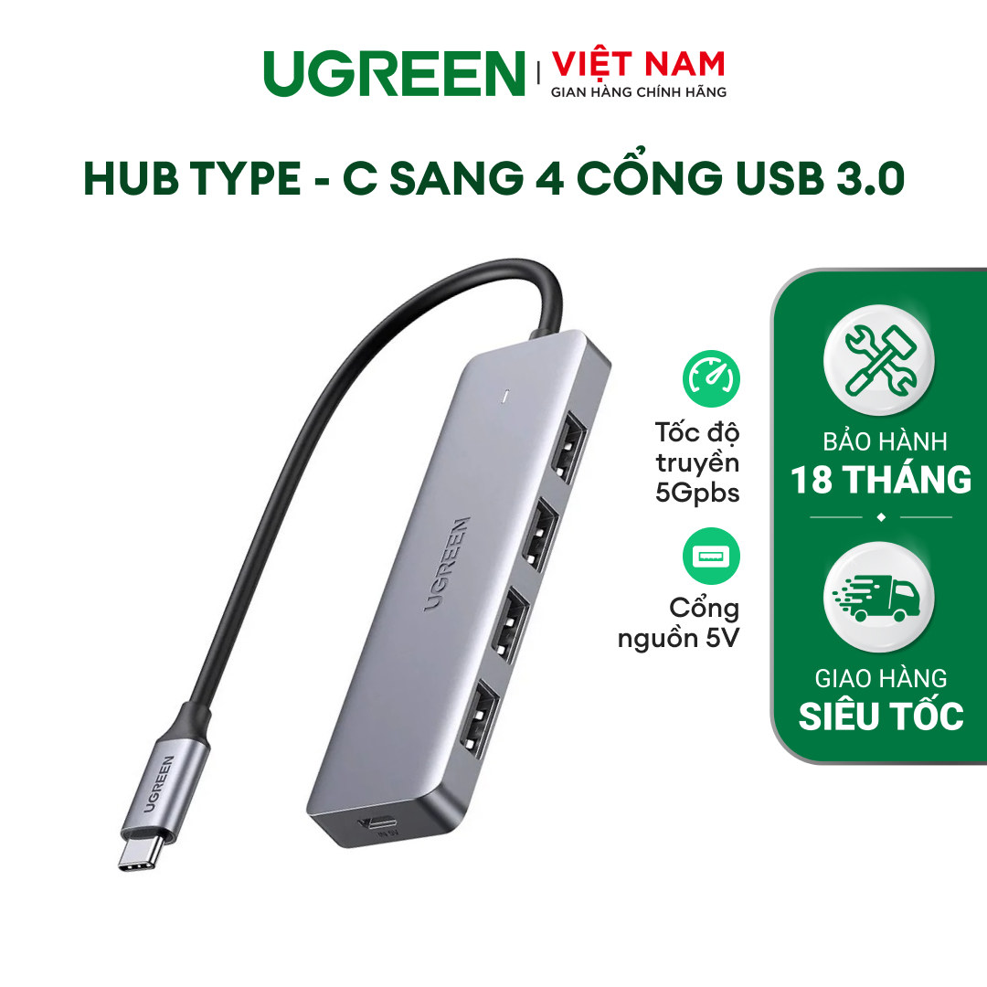 Bộ chuyển đổi USB Type-C sang Hub USB 3.0 4 cổng hỗ trợ cổng nguồn Micro USB 5V UGREEN CM164 70336 - Hàng chính hãng