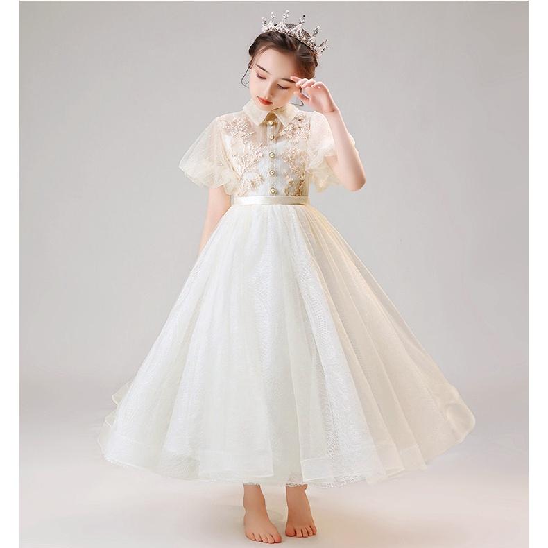 Váy đầm công chúa bé gái tùng dài tay bồng màu trắng kem DBG089