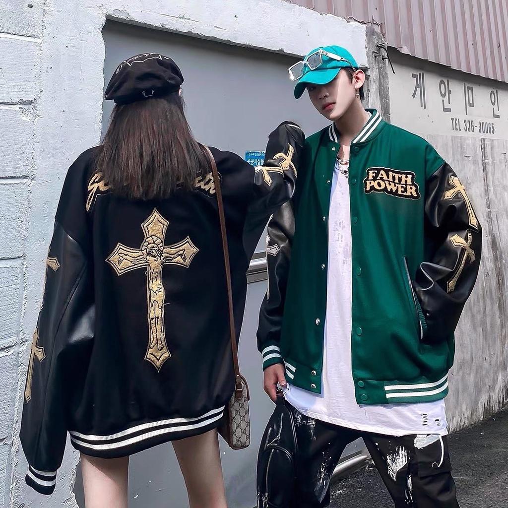Áo bomber Miuzi unisex,áo bóng chày thêu hình thánh giá phối tay da DT048