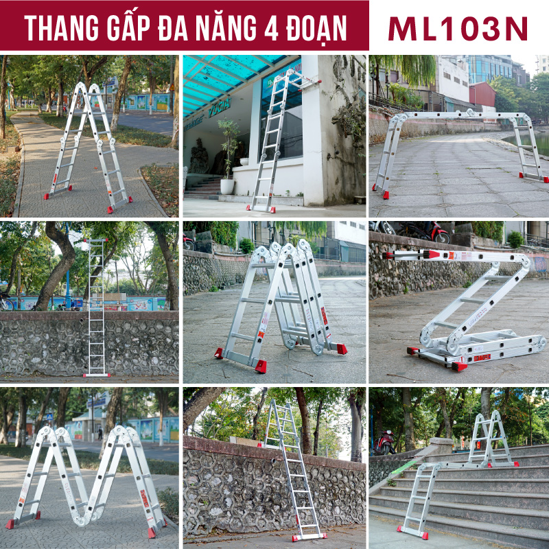 Thang nhôm gấp đa năng 4 đoạn 3.4M - 3.7M nhập khẩu CN Nhật Bản FUJIHOME ML103,  thang xếp đa năng 12 tư thế sử dụng - Hàng chính hãng