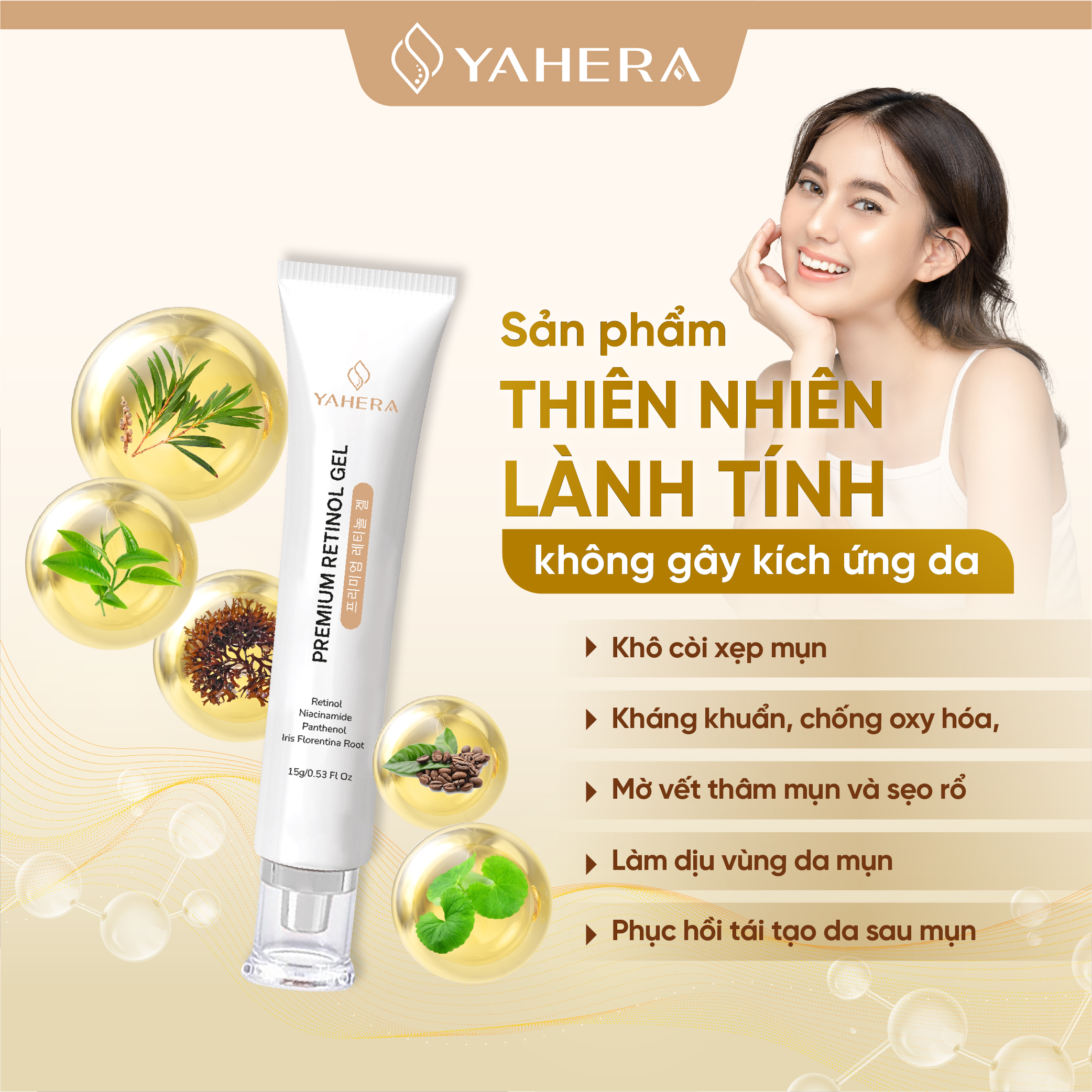 Gel chấm mụn cao cấp YAHERA Premium Retinol Gel giúp giảm sưng viêm khô cồi xệp mụn 15G