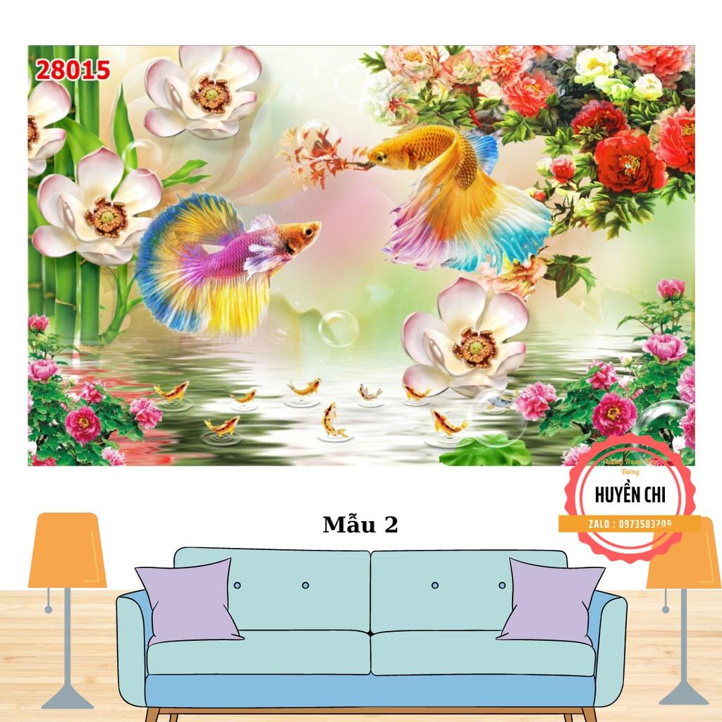 Tranh 3d dán tường trang trí phòng khách- tranh cửa ngư cá hoa sen- ép kim sa- Huyền Chi- Đặt theo kích thước yêu cầu