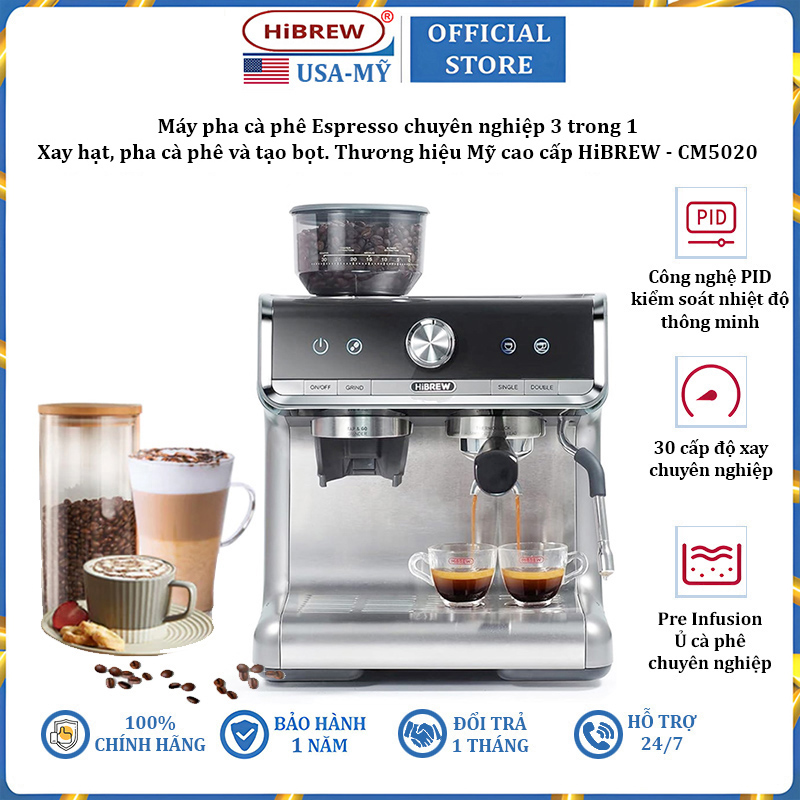 Máy pha cà phê Espresso chuyên nghiệp 3 trong 1 thương hiệu cao cấp HiBREW CM5020, công suất 1550W, áp suất 19bar