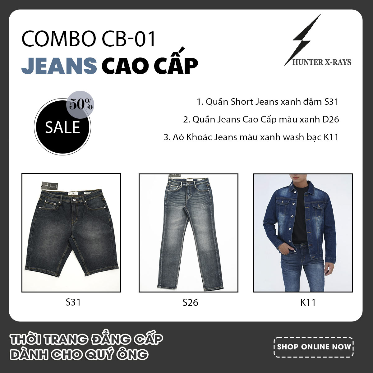 [Combo 3 sản phẩm] Combo Jeans Nam Cao Cấp Phong Cách HUNTER X-RAYS CB-01