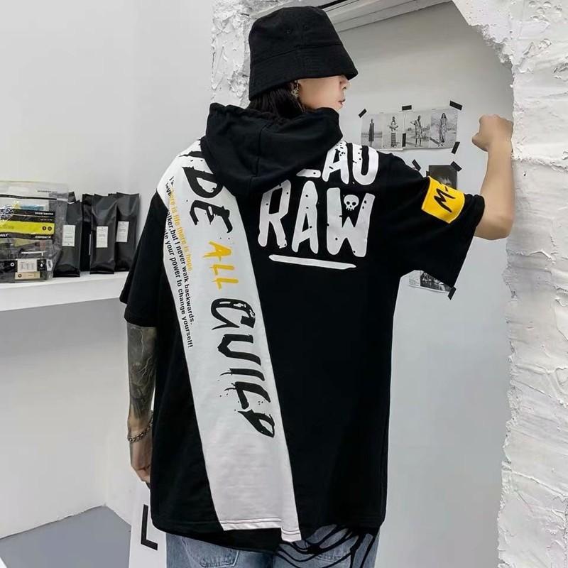 Spot real shot new summer European and American style men's urban fashion cool wild loose comfortable oblique pockets color matching design casual short sleeve hoodie