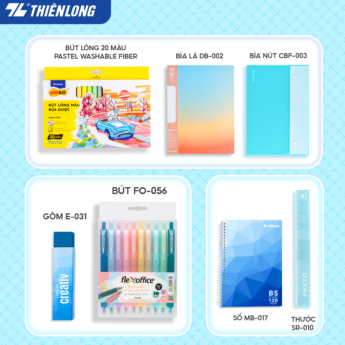 Combo dụng cụ học tập thể hiện cá tính - Tone Xanh pastel dịu mát- 07 món