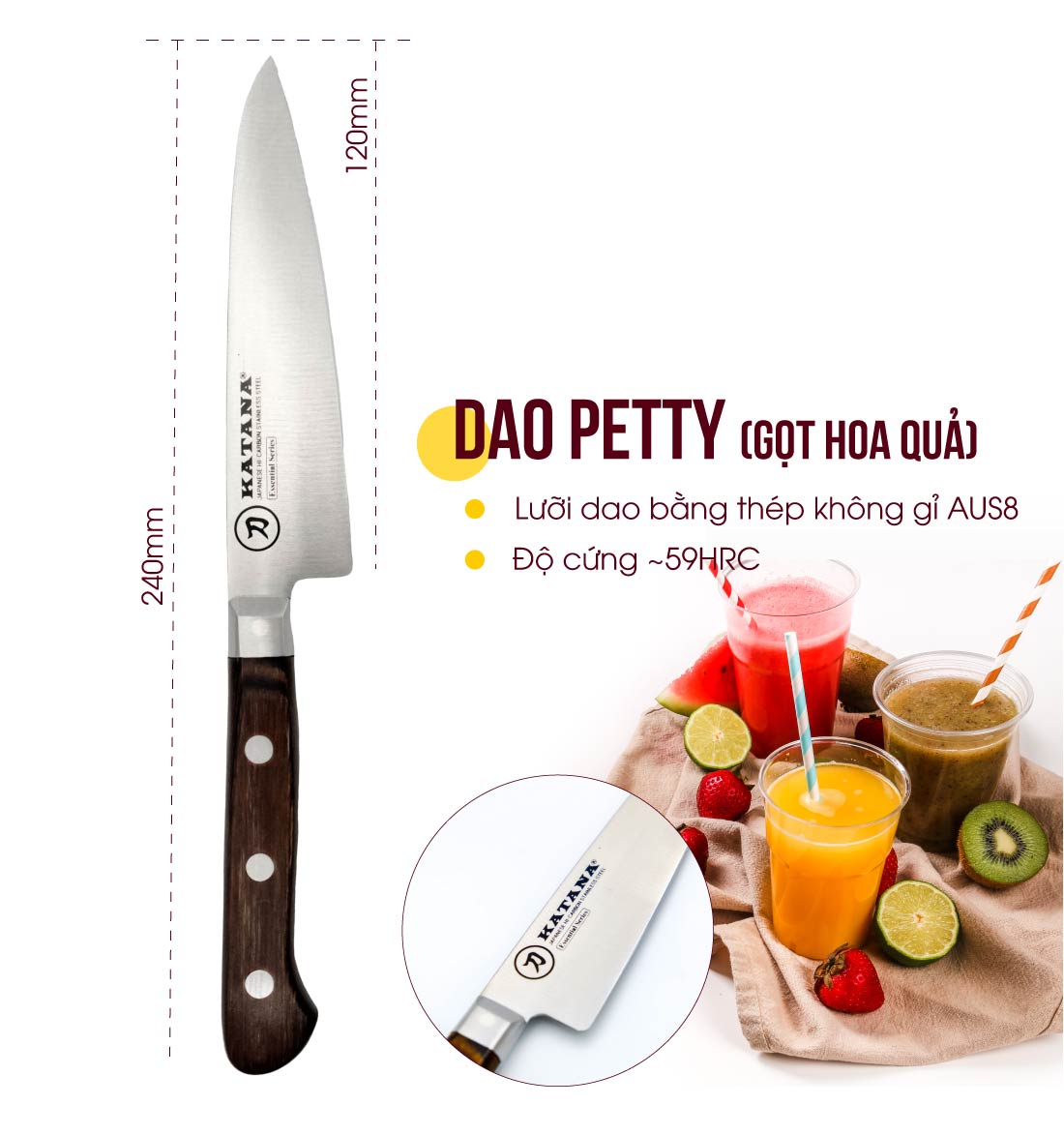 Hình ảnh Dao gọt hoa quả KATANA Essential Petty (120mm) KATA-204 cán gỗ, thép không gỉ, độ sắc cao - dao bếp KATANA cao cấp thương hiệu Việt Nam