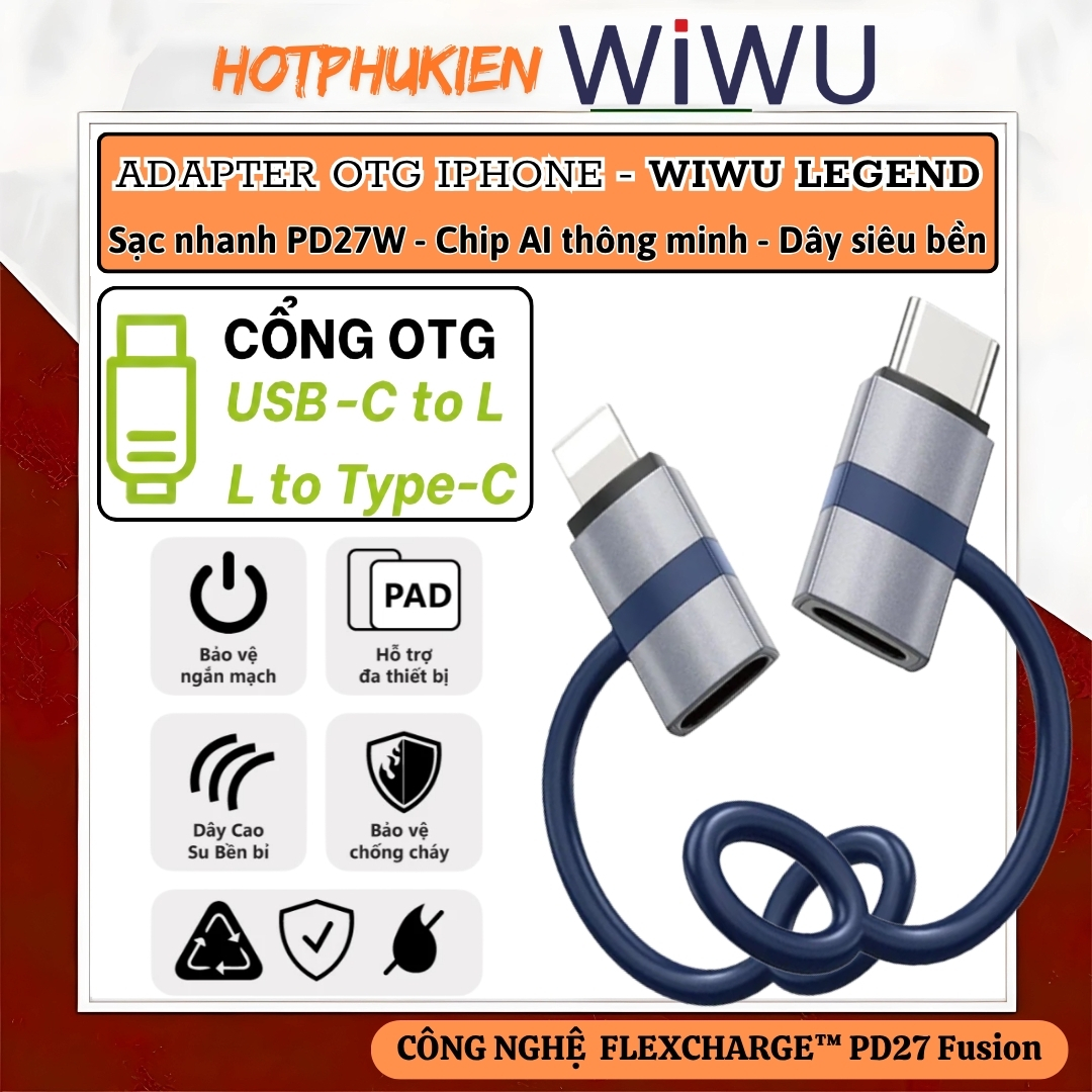 Adapter đầu chuyển đổi OTG PD 27W USB-C to L và L to Type-C hiệu WIWU Legend - Chip Ai thông minh, nhỏ gọn, siêu bền Sạc nhanh PD 27W USB 3.0 Tốc Độ Cao, Mini Chống Thất Lạc - Hàng nhập khẩu