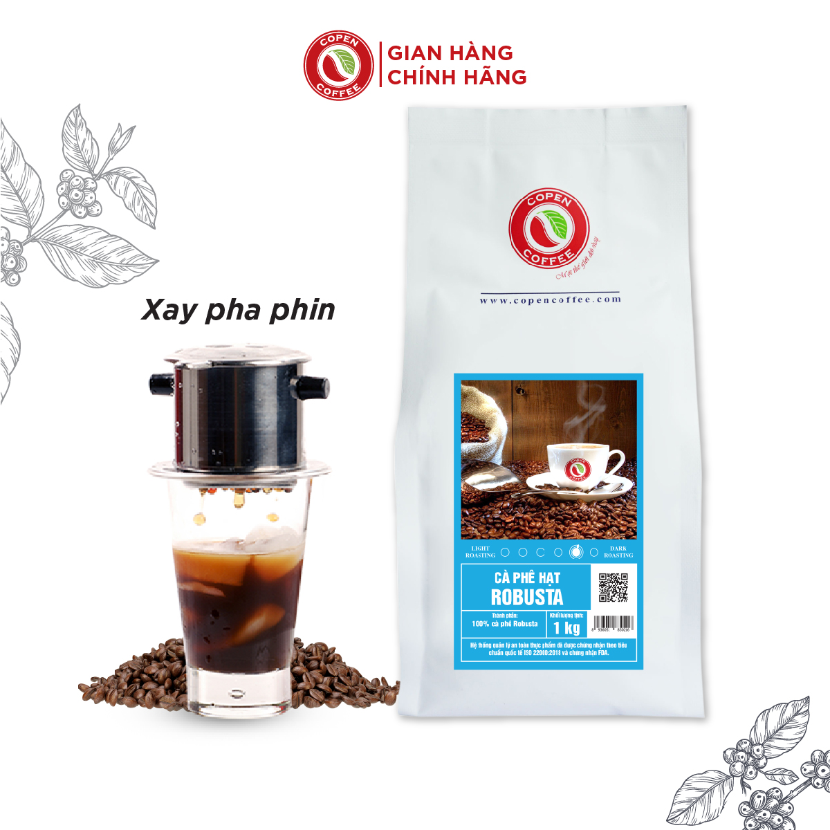 Cà phê hạt Copen Coffee Robusta 1kg (Xay Pha Phin)