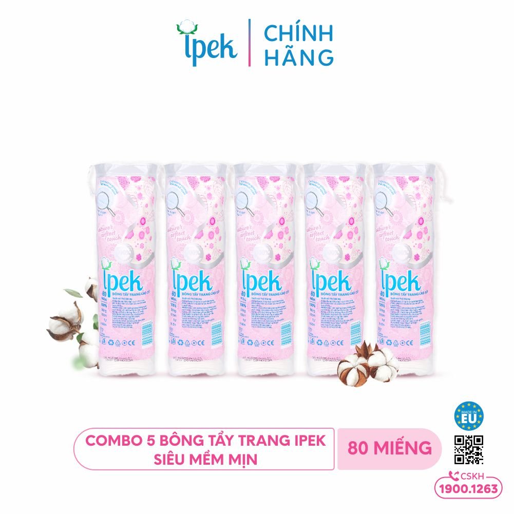 [Tặng 1 mặt nạ dermal] Combo 5 bông tẩy trang Ipek không xơ bông 80 miếng