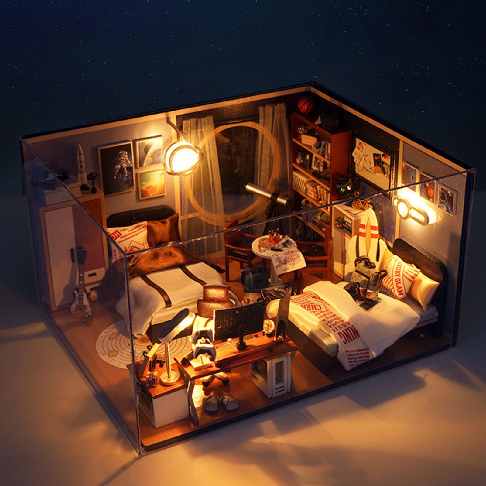 Wooden Miniature Dollhouse Kits Fashion with Lights Artwork Creative Bedroom