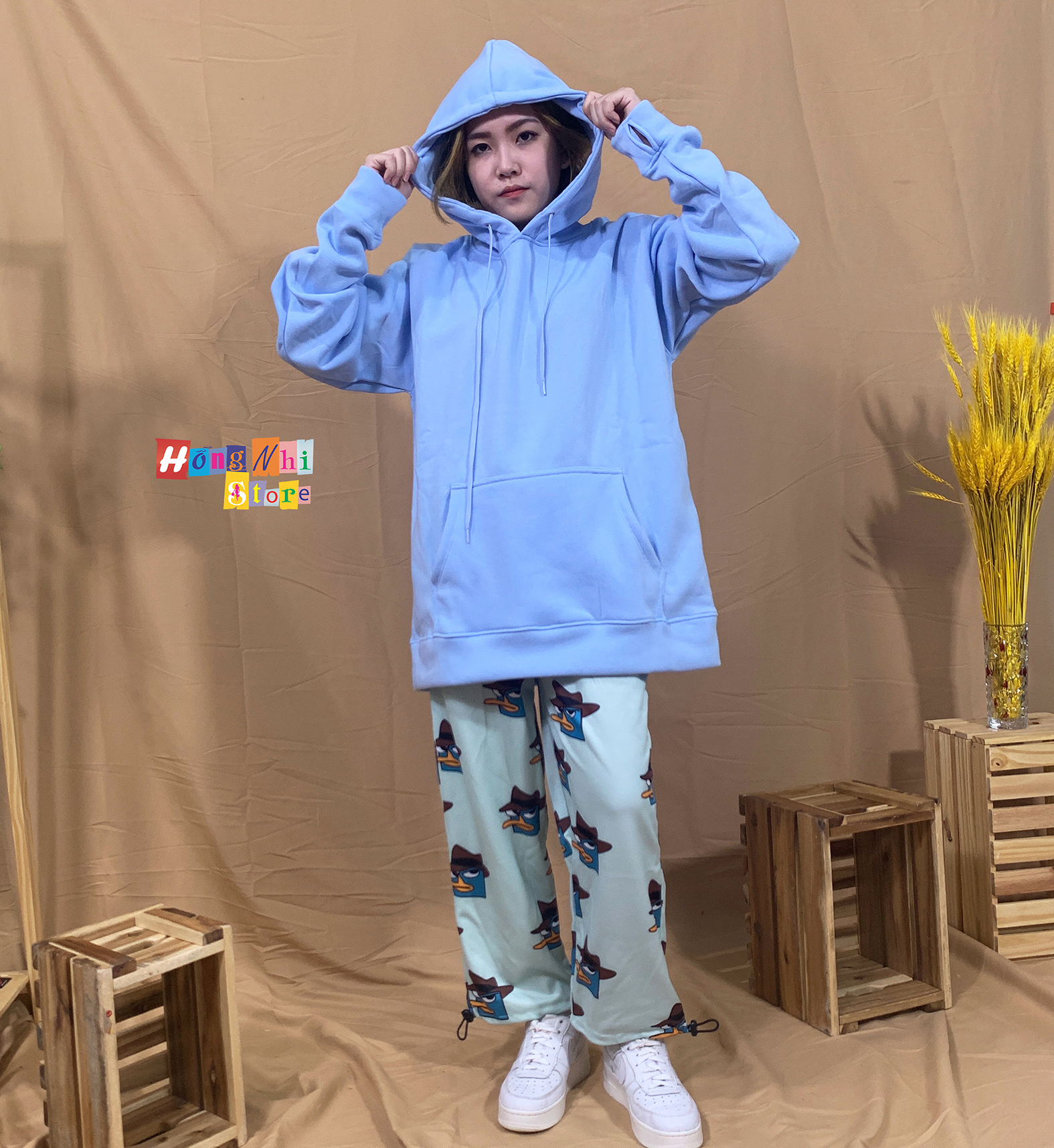 Áo Hoodie Trơn Màu Xanh Dương Nhạt Cao Cấp Dáng Rộng Unisex Nam Nữ Mặc Được - MM