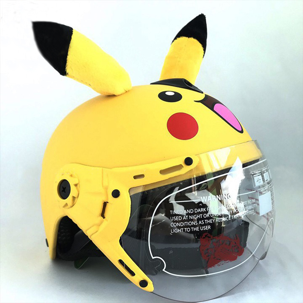 Mũ bảo hiểm bảo vệ đầu trẻ em có kính chống bụi cho bé Pikachu vàng có tai siêu dễ thương