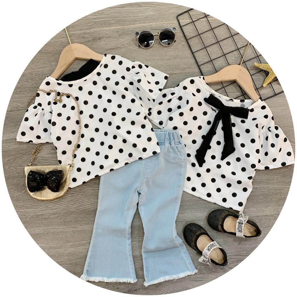 SET ÁO CHẤM BI MIX BÒ LOE XANH CHO BÉ