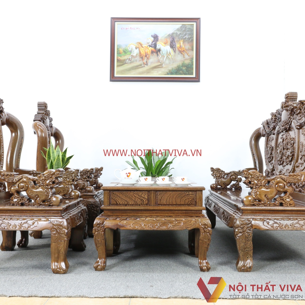 Bộ Bàn Ghế Salon Gỗ Mun Tay 10 Chạm Nghê 6 Món Cao Cấp Sang Trọng