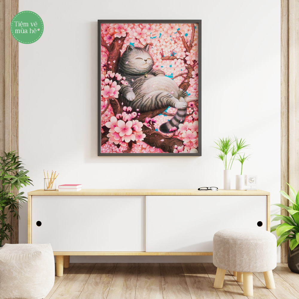 Tranh số hóa - Chú mèo hoa anh đào đã căng khung 40x50cm 24 màu