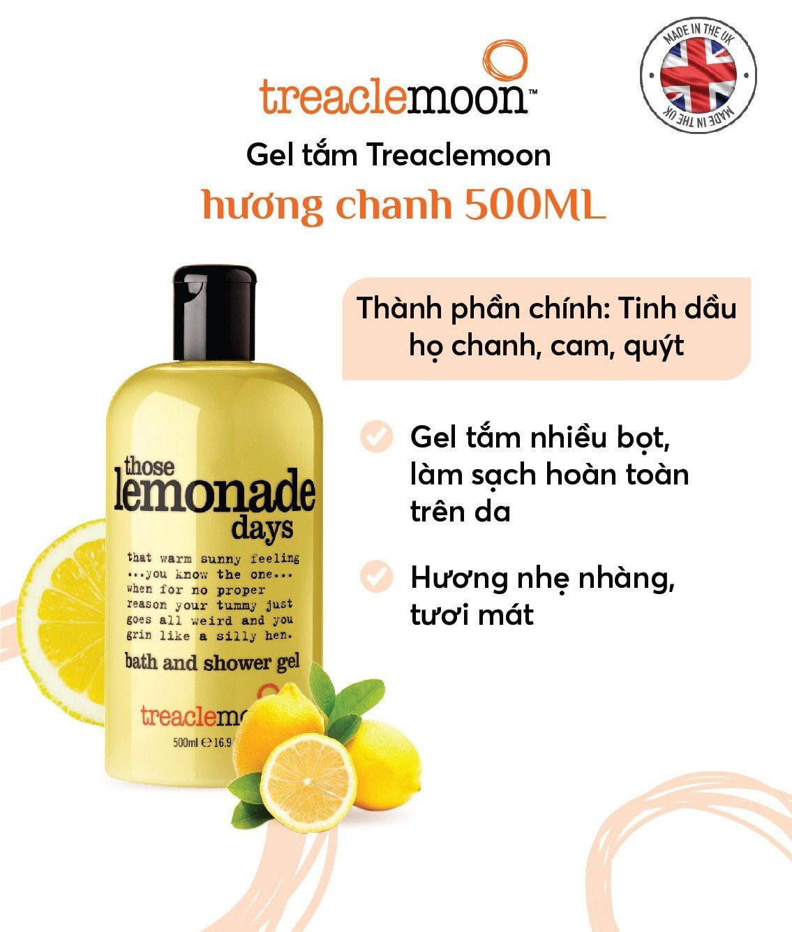 [ Tặng nước tẩy trang 100ml ] Gel tắm hương chanh Treaclemoon 500ml