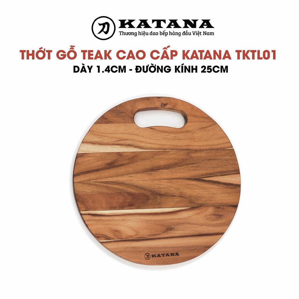 Thớt Gỗ Teak Cao Cấp KATANA - Hình Tròn - Có Tay Cầm và Lỗ Treo - Hàng Chính Hãng BH 12 Tháng 1 Đổi 1 Trong 7 Ngày