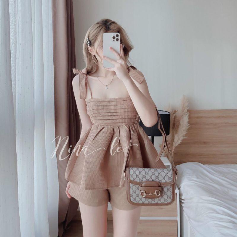 SET ÁO 2 DÂY  THẮT NƠ BABYDOLL PHỐI QUẦN NGẮN MÀU PASTEL