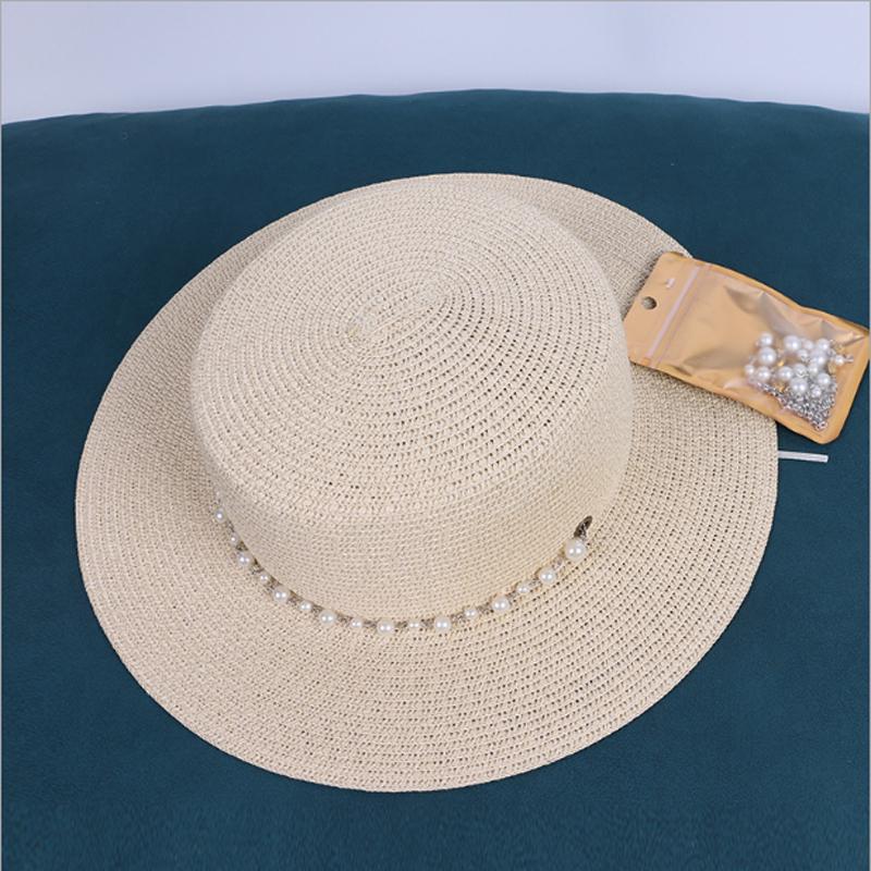 Phụ Nữ Mùa Hè Thời Trang Pháp Retro Dây Đính Ngọc Trai Đầu Dẹt Mũ Rơm Rộng Vành Thanh Lịch Hat Nữ Của Du Lịch Bãi Biển nón Lưỡi Trai Gorras