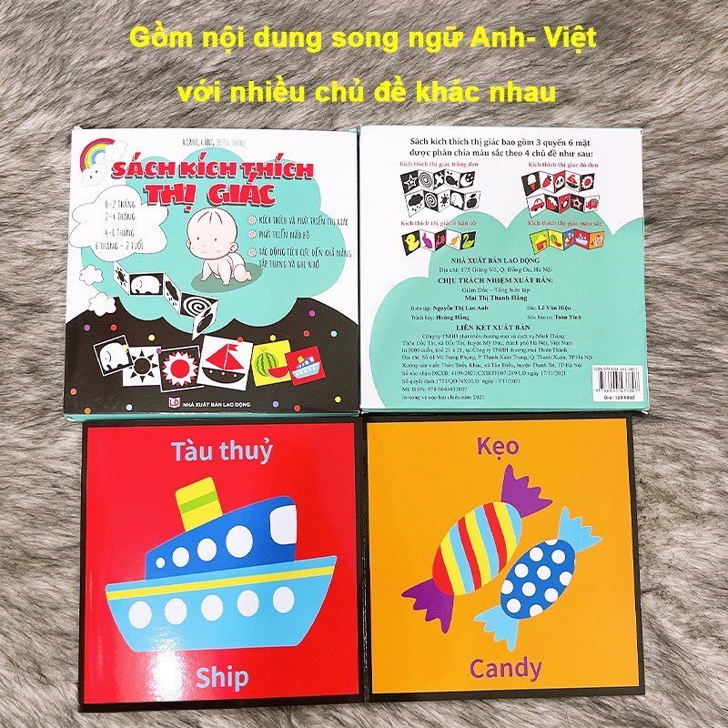 Combo 3 tranh kích thích thị giác bé phát triển với 4 chủ đề phù hợp với từng giai đoạn phát triển của bé: đen trắng, đỏ đen, màu sắc, ô bàn cờ, chất liệu bằng giấy cao cấp ép platic siêu bền