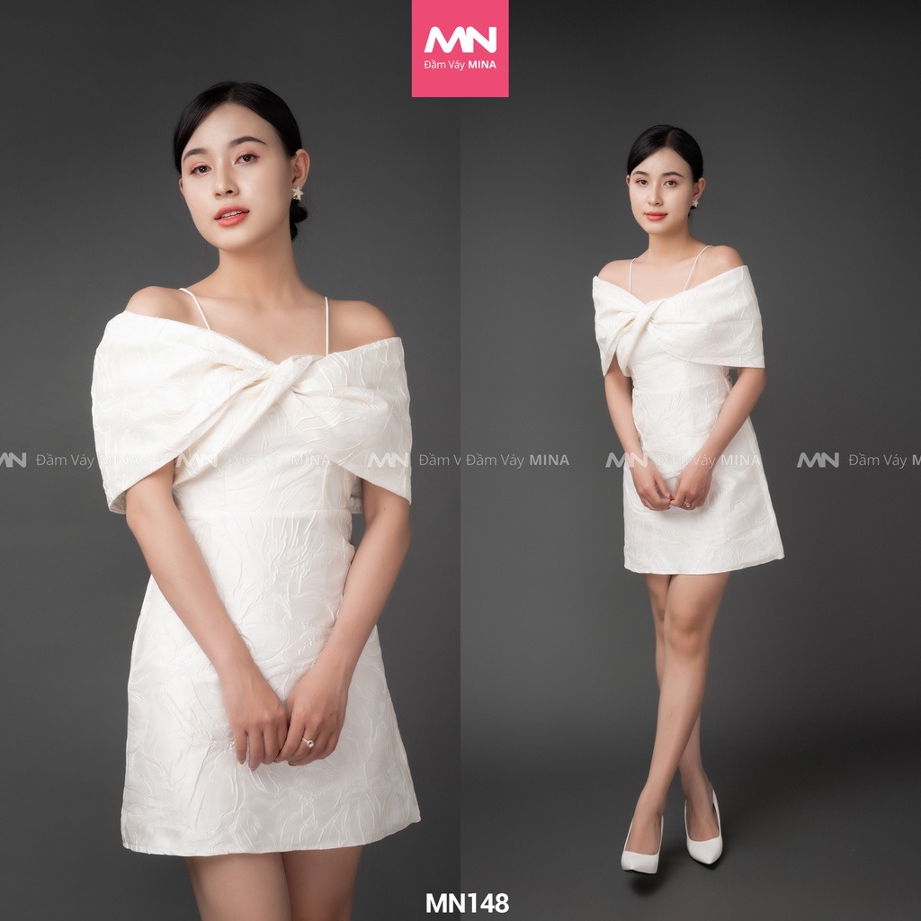 Đầm gấm trắng | Đầm hai dây trễ vai nơ | Đầm ôm body dự tiệc đi chơi siêu đẹp - MN148 - Đầm Váy Mina